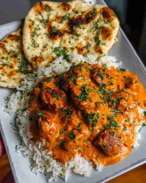 Creamy Butter Chicken with Fluffy Rice & Garlic Naan 🍗🍛🥖 Prep Time: 20 minutes Cook Time: 35 minu...