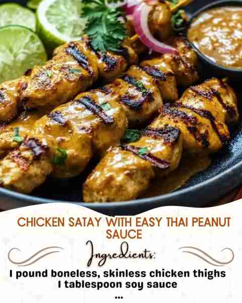 Chicken Satay with Easy Thai Peanut Sauce Ingredients: 1 pound boneless, skinless chicken thighs or...