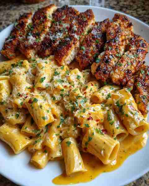 Spicy Cajun Rigatoni with Garlic Parmesan Chicken in Three-Cheese Cream Ingredients: 2 large boneles...