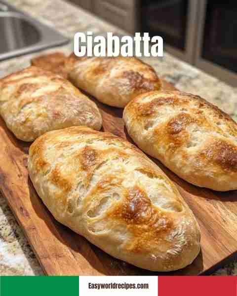 🥖 Ciabatta Classic rustic Italian bread with a chewy texture and airy holes. Ingredients • 4 cups b...