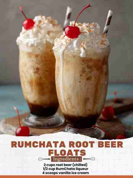 RumChata Root Beer Floats Ingredients: 2 cups root beer (chilled) ½ cup RumChata liqueur 4 scoops va...