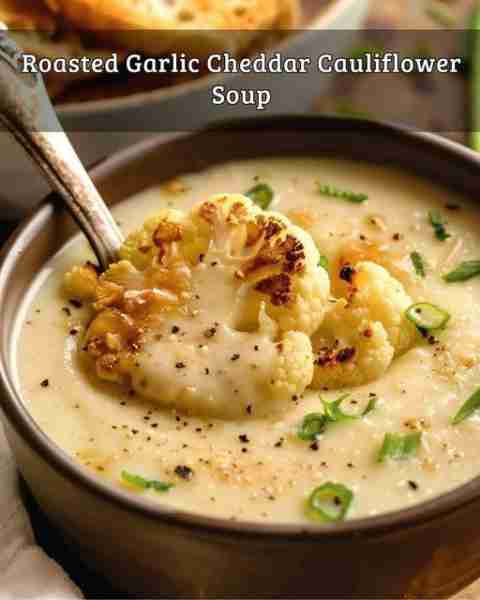 Roasted Garlic Cheddar Cauliflower Soup This creamy roasted garlic cheddar cauliflower soup combines...