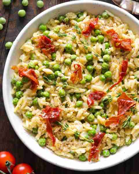 Creamy Orzo with Green Peas and Crispy Prosciutto. MAIN or SIDE DISH.💚🧡
