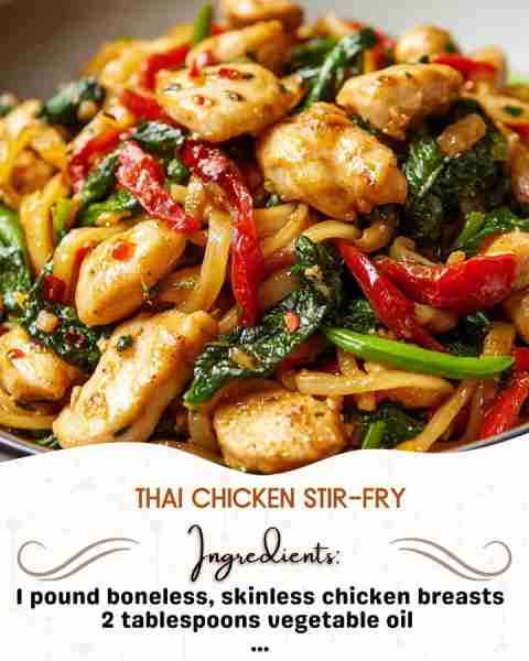 Thai Chicken Stir-Fry Ingredients: 1 pound boneless, skinless chicken breasts, sliced into thin stri...