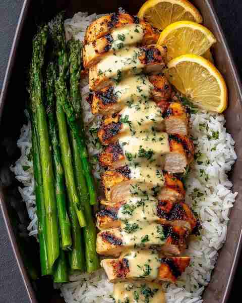 Epic Grilled Lemon-Herb Chicken with Asparagus & Rice 🍋🌿🍗 Prep Time: 10 mins Cook Time: 25 mins S...