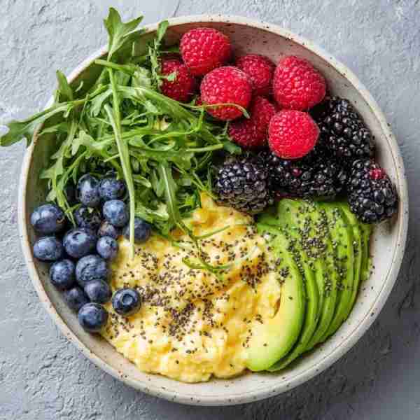 Colorful Breakfast Power Bowl Ingredients: 2 eggs (scrambled, creamy style) ½ avocado (sliced) ½ cup...