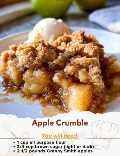Apple Crumble Ingredients: Crumble Topping - 1 cup all purpose flour - 3/4 cup brown sugar (light or...