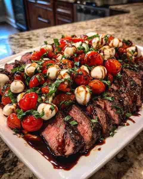 Balsamic Grilled Steak Caprese with Fresh Mozzarella & Basil Ingredients: 2 (8 oz) ribeye steaks (or...