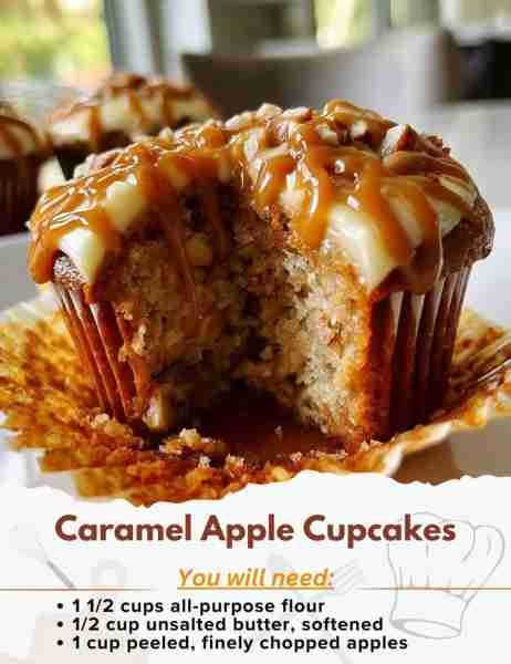 Caramel Apple Cupcakes Ingredients: - 1 1/2 cups all-purpose flour - 1 teaspoon baking powder - 1/2...
