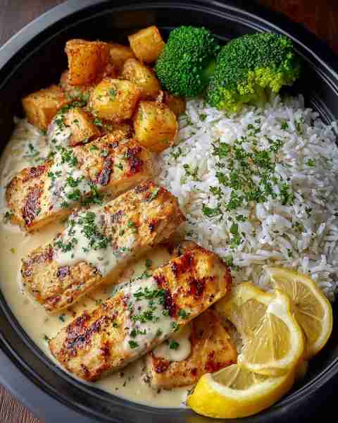 Ultimate Creamy Lemon Grilled Chicken Bowl 🍋🔥 with Garlic Potatoes & Herb Rice Prep Time: 20 mins...