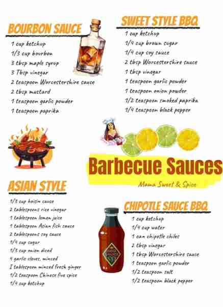 Homemade Barbecue Sauces! BOURBON SAUCE 1 cup ketchup 1/3 cup bourbon 3 tbsp maple syrup 3 Tbsp vine...