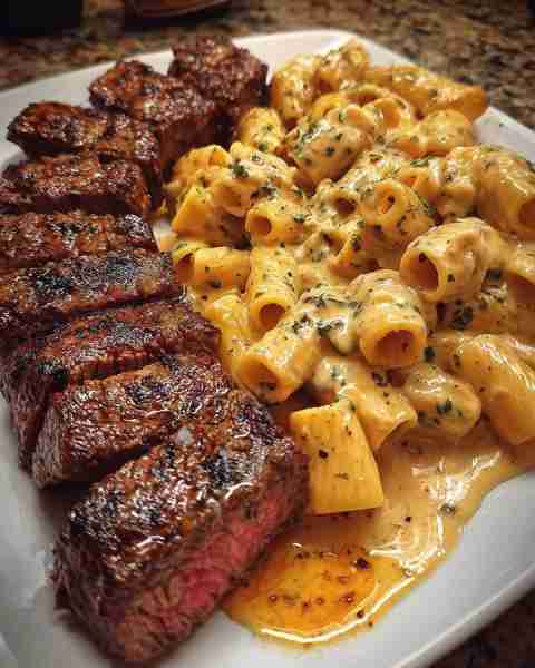 Garlic Butter Steak Tips with Cheesy Rigatoni in Mozzarella Sauce Ingredients: 1 ½ lbs sirloin or ri...
