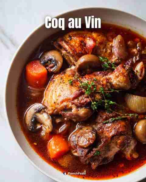 🍷 Coq au Vin Chicken braised in red wine with mushrooms, carrots, and herbs. Rich and cozy. Needed:...
