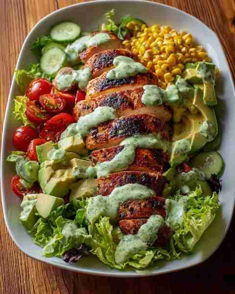 Loaded Grilled Chicken Salad with Avocado & Herb Dressing 🥑🥗🍗 Prep Time: 15 mins Cook Time: 20 mi...