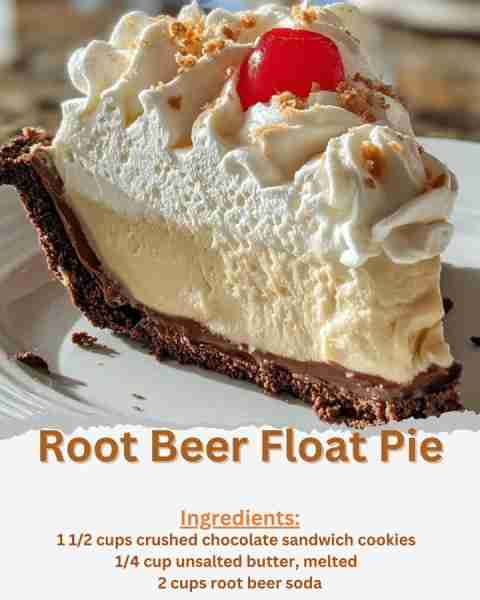 Root Beer Float Pie Ingredients: - 1 1/2 cups crushed chocolate sandwich cookies - 1/4 cup unsalted...