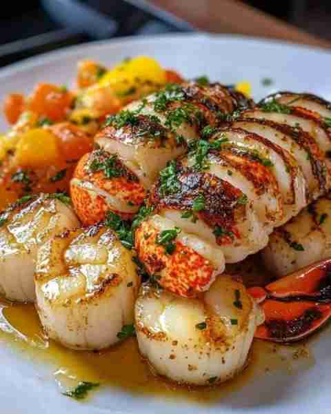 Garlic Butter Lobster and Scallops 🧄 Ingredients: Seafood: 2 lobster tails (thawed if frozen) 8–10...