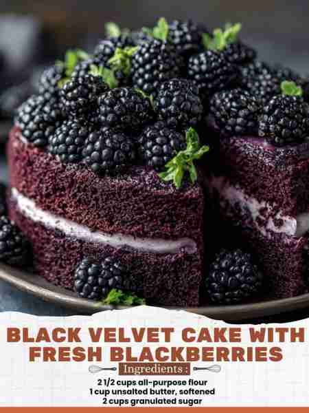 Black Velvet Cake with Fresh Blackberries Ingredients 2 ½ cups all-purpose flour 1 cup unsalted butt...