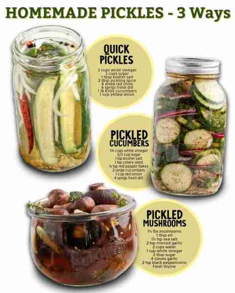Why buy a jar when you can make 3 delicious versions at home? 🥒👌 Ingredients Quick Pickles 3 cups...