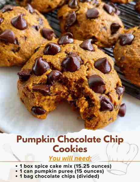 Pumpkin Chocolate Chip Cookies Ingredients: - 1 box spice cake mix (15.25 ounces) - 1 can pumpkin pu...
