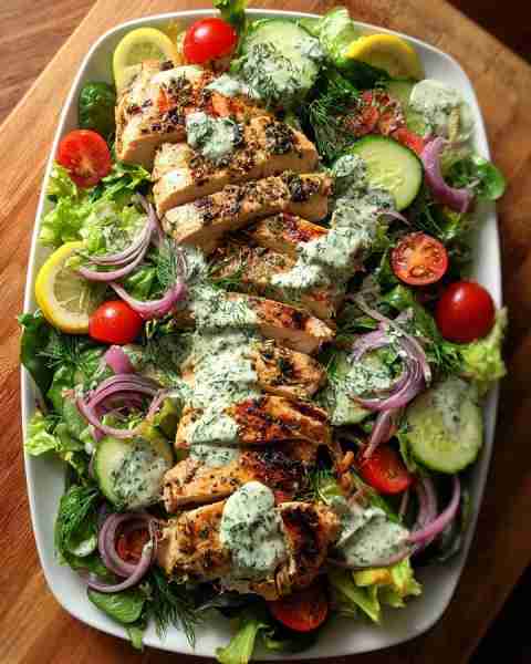 Herb-Grilled Chicken Salad with Creamy Dill Dressing 🥗🍗🥒 Prep Time: 20 mins Cook Time: 20 mins Se...