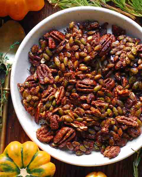 🍁 Homemade Cinnamon-Maple Candied Pecans & Pepitas (Pumpkin Seeds) that eat like nut-and-seed britt...