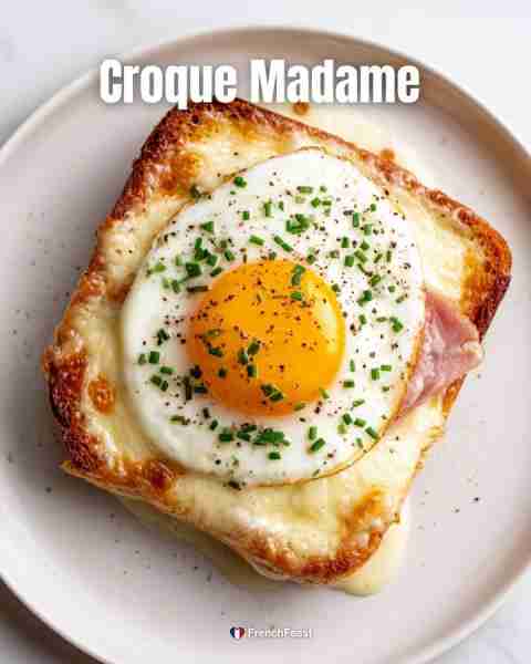 🥪 Croque Madame Toasted ham & cheese sandwich with creamy béchamel, topped with a fried egg. Needed...