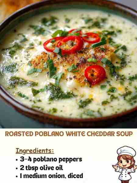 Roasted Poblano White Cheddar Soup Ingredients 3–4 poblano peppers 2 tbsp olive oil 1 medium onion...