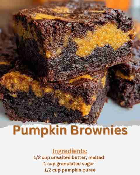 Pumpkin Brownies Ingredients: - 1/2 cup unsalted butter, melted - 1 cup granulated sugar - 2 large e...