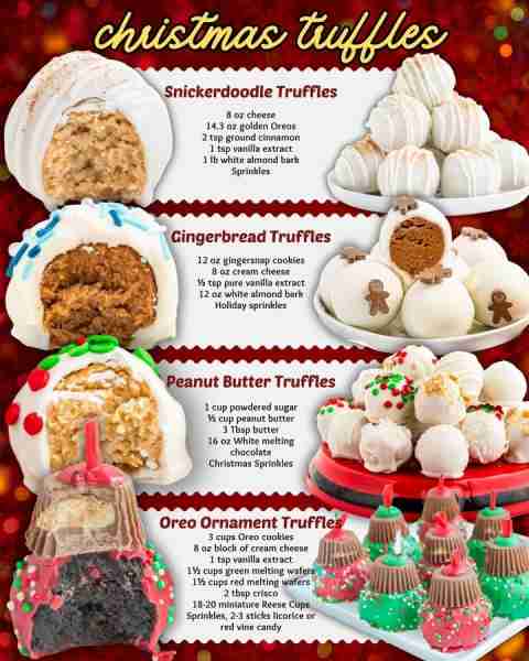 EASY AND FESTIVE CHRISTMAS TRUFFLES: SNICKERDOOLE TRUFFLES: 8 oz cheese 14.3 oz golden Oreos 2 tsp g...