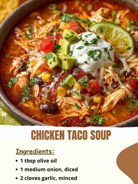 Chicken Taco Soup Ingredients 1 tbsp olive oil 1 medium onion, diced 2 cloves garlic, minced ........