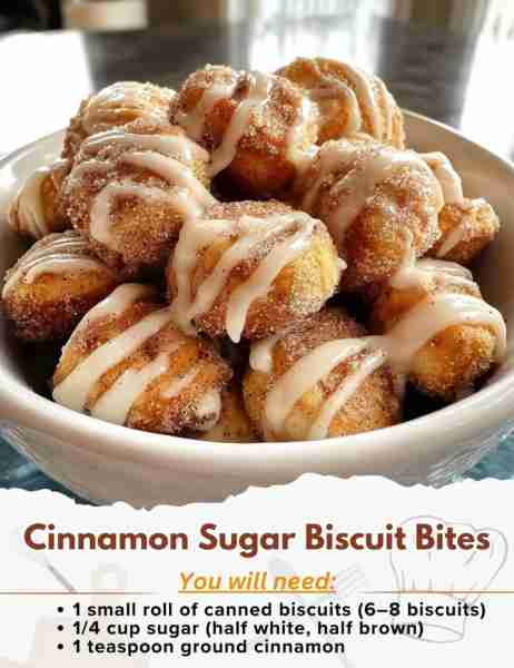 Cinnamon Sugar Biscuit Bites Ingredients: - 1 small roll of canned biscuits (6–8 biscuits) - 1/4 cup...