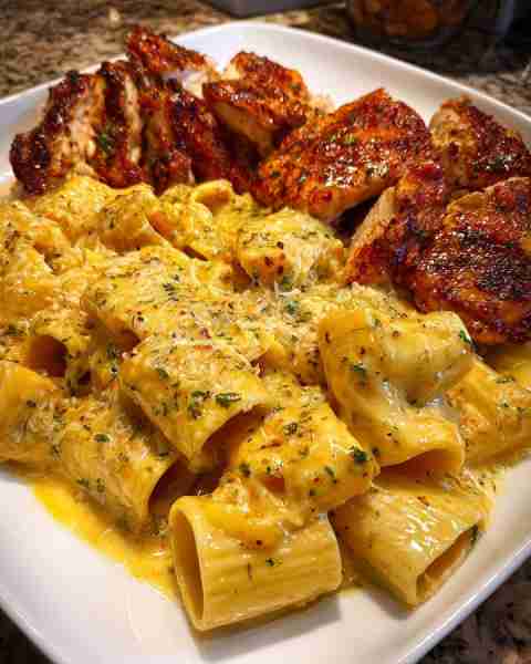 Garlic Butter Chicken with Cheddar Parmesan Creamy Rigatoni Ingredients: 2 large chicken breasts, bo...