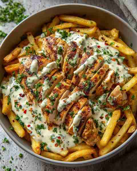 Loaded Garlic Ranch Chicken & Fries Bowl 🍟🔥🍗 with Creamy Drizzle Prep Time: 15 mins Cook Time: 25...