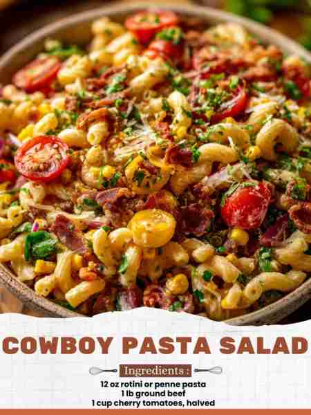 Cowboy Pasta Salad Ingredients: 12 oz rotini or penne pasta 1 lb ground beef 1 cup cherry tomatoes,...