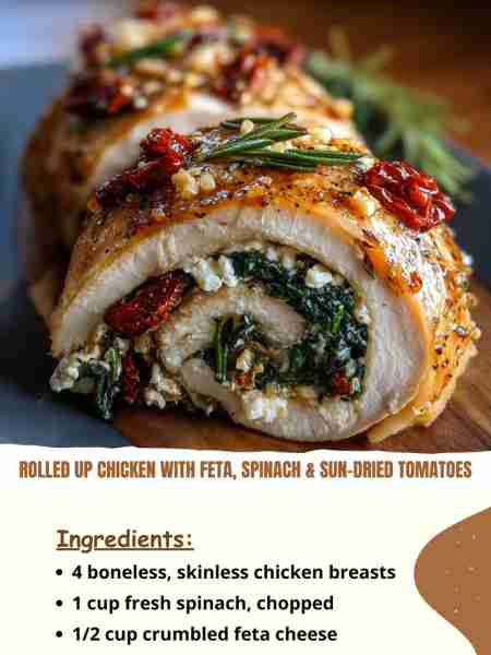 Rolled Up Chicken with Feta, Spinach & Sun-Dried Tomatoes Ingredients: 4 boneless, skinless chicken...