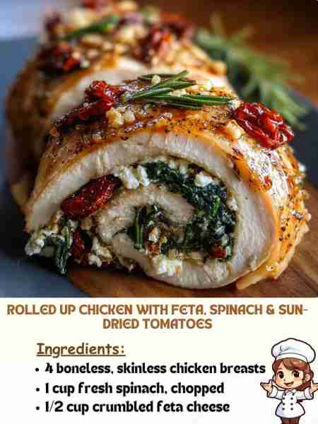Rolled Up Chicken with Feta, Spinach & Sun-Dried Tomatoes Ingredients: 4 boneless, skinless chicken...