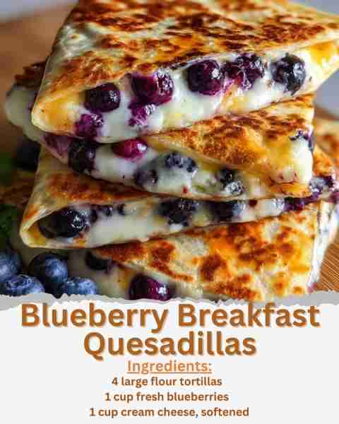 Blueberry Breakfast Quesadillas Ingredients: - 4 large flour tortillas - 1 cup fresh blueberries - 1...