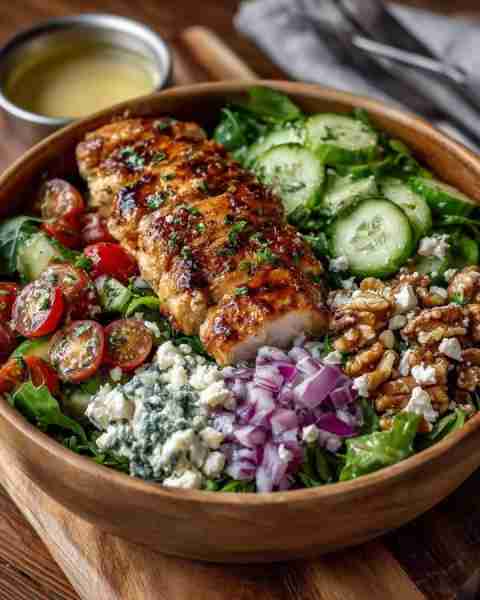 Mediterranean Chicken & Walnut Salad Bowl Ingredients: For the Chicken: 1 lb boneless, skinless chic...