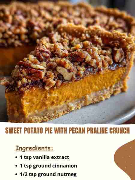 Sweet Potato Pie with Pecan Praline Crunch Ingredients 1 tsp vanilla extract 1 tsp ground cinnamon 1...