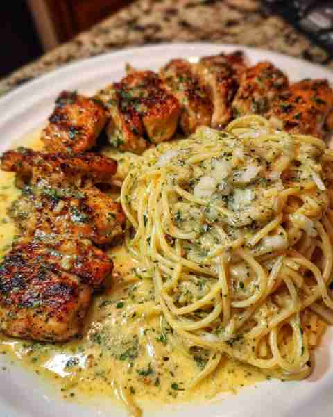 Garlic Butter Chicken with Creamy Spaghetti Three-Cheese Sauce Ingredients: 4 boneless, skinless chi...