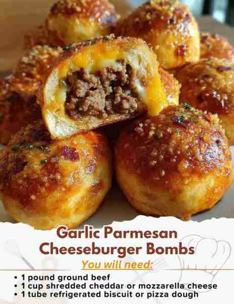 Garlic Parmesan Cheeseburger Bombs Ingredients: - 1 pound ground beef - Salt, pepper, garlic powder,...