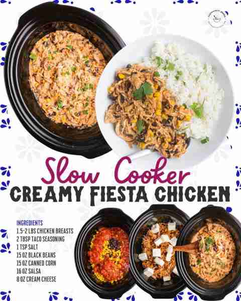 A new (& super easy!) favorite - crockpot fiesta chicken is only 7 ingredients and can be eaten with...