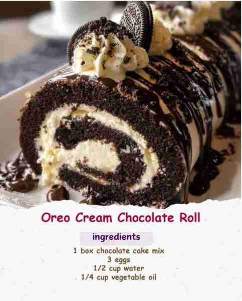Oreo Cream Chocolate Roll 🍫🍪🎂 Ingredients: 1 box chocolate cake mix 🍫 3 eggs 🥚 1/2 cup water...