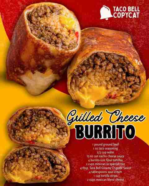 TACO BELL COPYCAT GRILLED CHEESE BURRITO! 1 pound ground beef 1 oz taco seasoning 2/3 cup water 15 o...