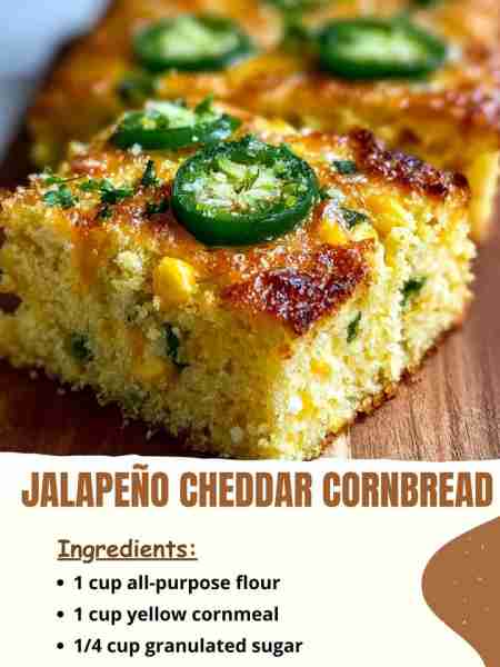 Jalapeño Cheddar Cornbread Ingredients 1 cup all-purpose flour 1 cup yellow cornmeal 1/4 cup granul...