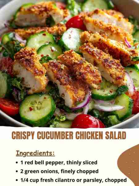 Crispy Cucumber Chicken Salad Ingredients 1 red bell pepper, thinly sliced 2 green onions, finely c...