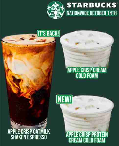 Apple Crisp is back at Starbucks this fall! Available nationwide starting October 14th. - Iced Apple...