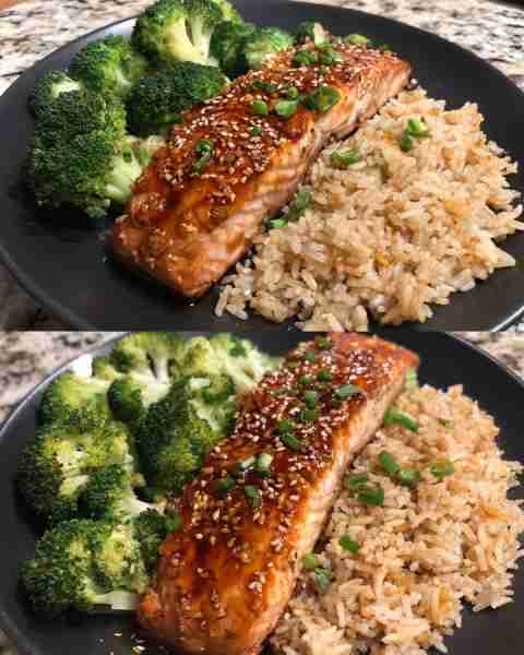 Teriyaki Salmon with Broccoli Fried Rice Glazed Teriyaki Salmon over Garlic Broccoli Fried Rice Ingr...