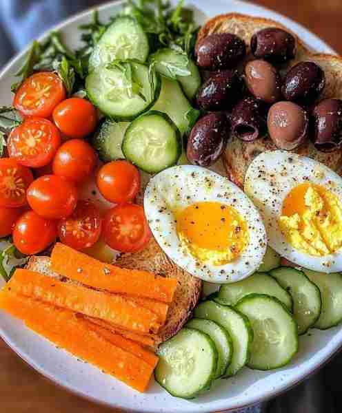 Mediterranean Breakfast Plate with Eggs, Veggies & Feta Toast🍳🥒 A nourishing, savory morning spre...