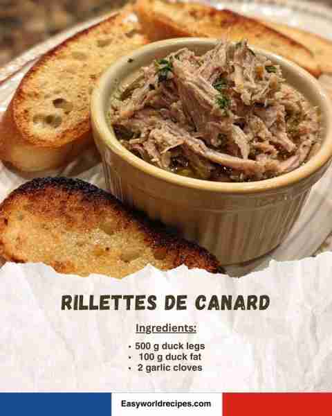 🦆 Rillettes de Canard (Duck Rillettes) 🍞 Slow-cooked duck meat shredded and preserved in its own f...